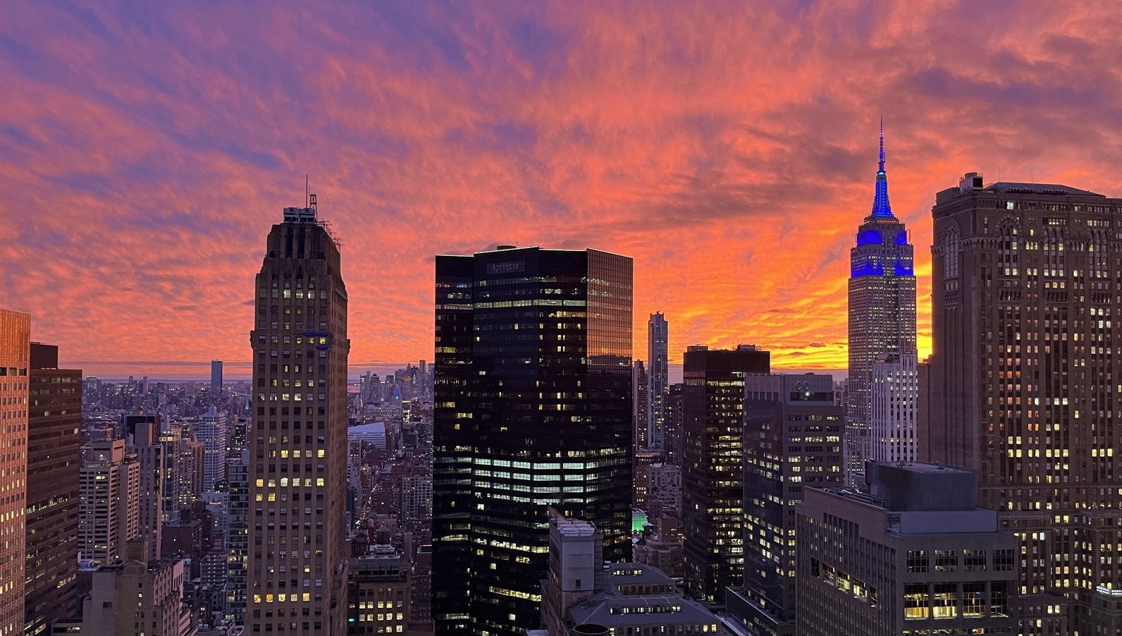 The New York City skyline at sunset